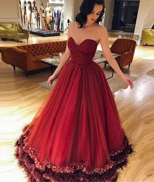 Unique sweetheart burgundy tulle long prom dress, burgundy evening dress