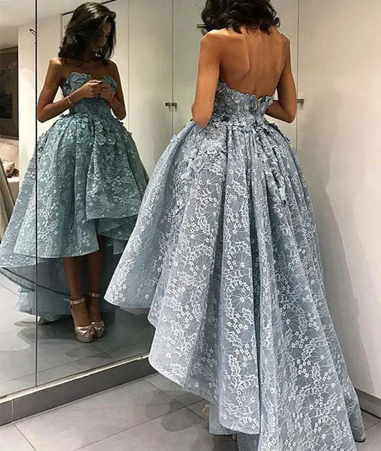 Unique sweetheart lace short prom gown, lace evening dress