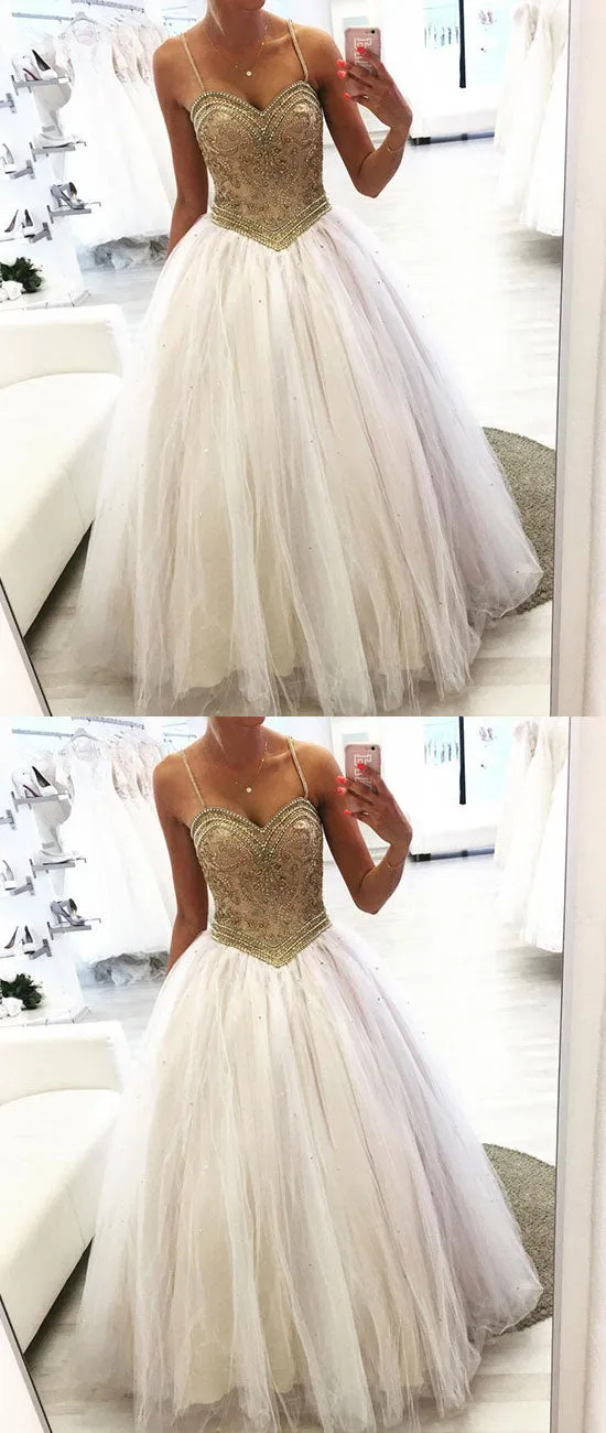 Unique sweetheart neck tulle beads long prom dress, tulle formal dress