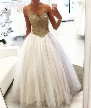 Unique sweetheart neck tulle beads long prom dress, tulle formal dress