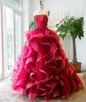 Unique tulle lace burgundy long prom dress, burgundy evening dress