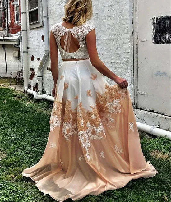 Unique two pieces long prom dress, lace long prom dress