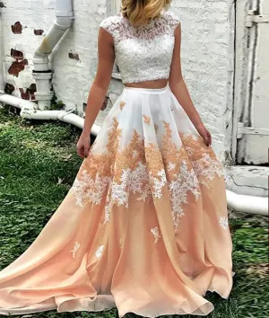 Unique two pieces long prom dress, lace long prom dress