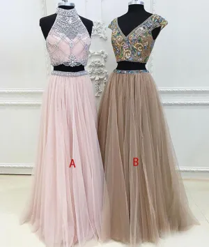 Unique two pieces tulle long prom dress, unique evening dress