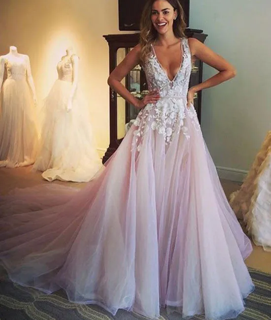 Unique v neck lace tulle long prom dress, evening dress