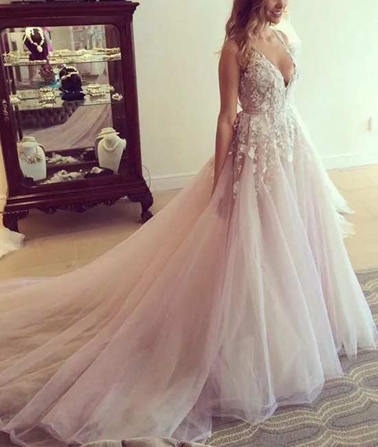 Unique v neck lace tulle long prom dress, evening dress