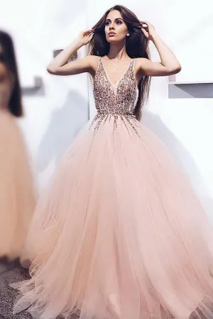 Unique v neck tulle beads long prom dress, tulle evening dress