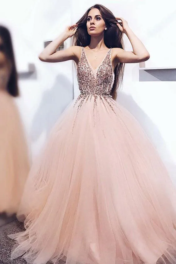 Unique v neck tulle beads long prom dress, tulle evening dress