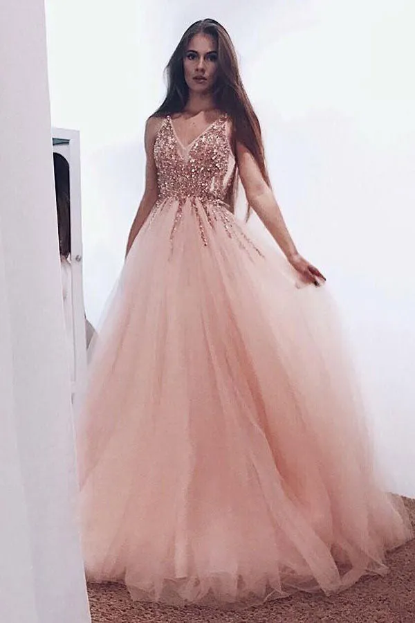 Unique v neck tulle beads long prom dress, tulle evening dress