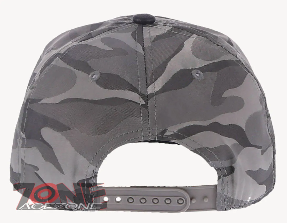 USA FLAG STAR FAUX LEATHER VISOR FLAT BILL BASEBALL CAP HAT CAMOUFLAGE GRAY