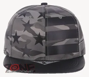USA FLAG STAR FAUX LEATHER VISOR FLAT BILL BASEBALL CAP HAT CAMOUFLAGE GRAY