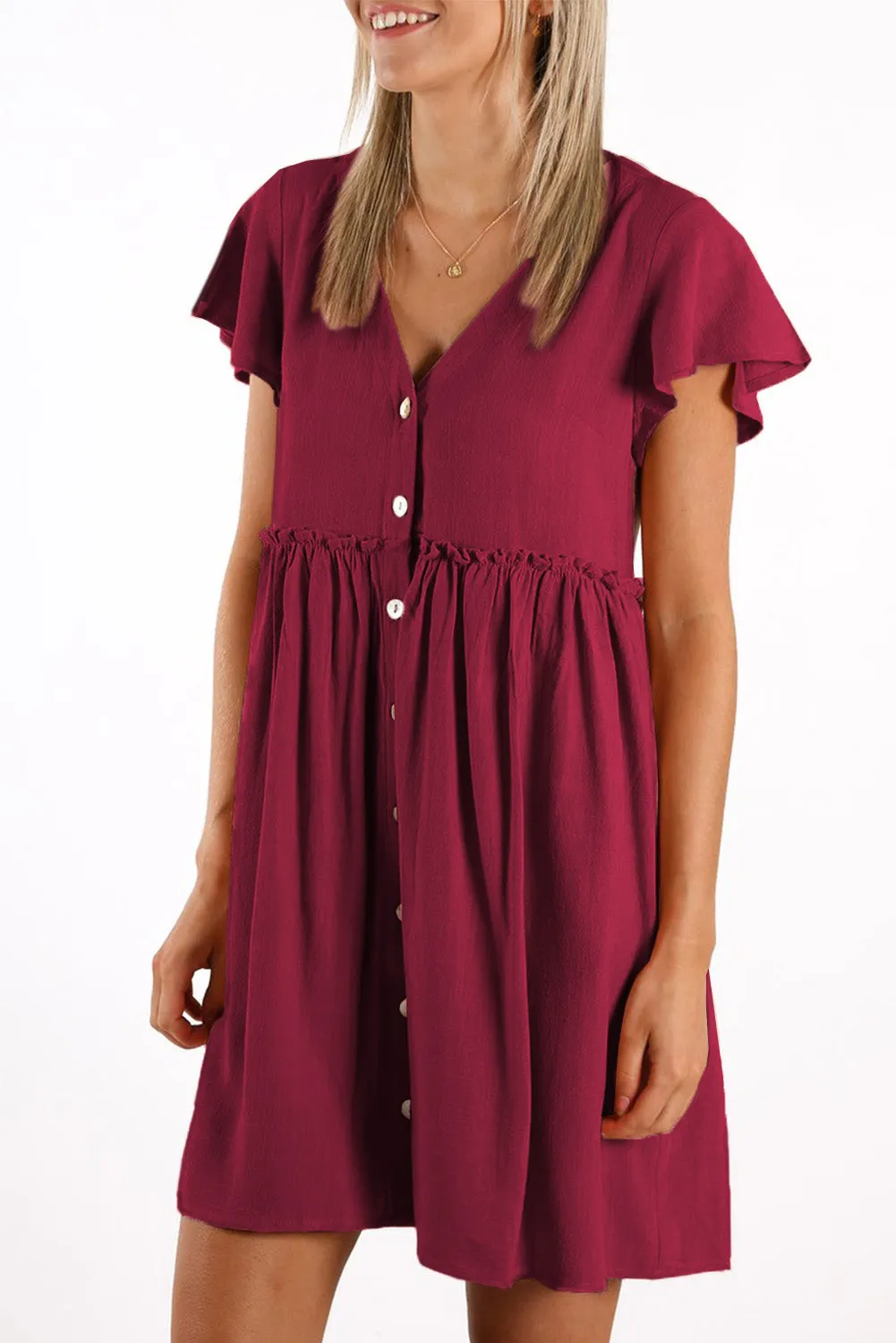 V Neck Buttoned Empire Waist Babydoll Mini Dress
