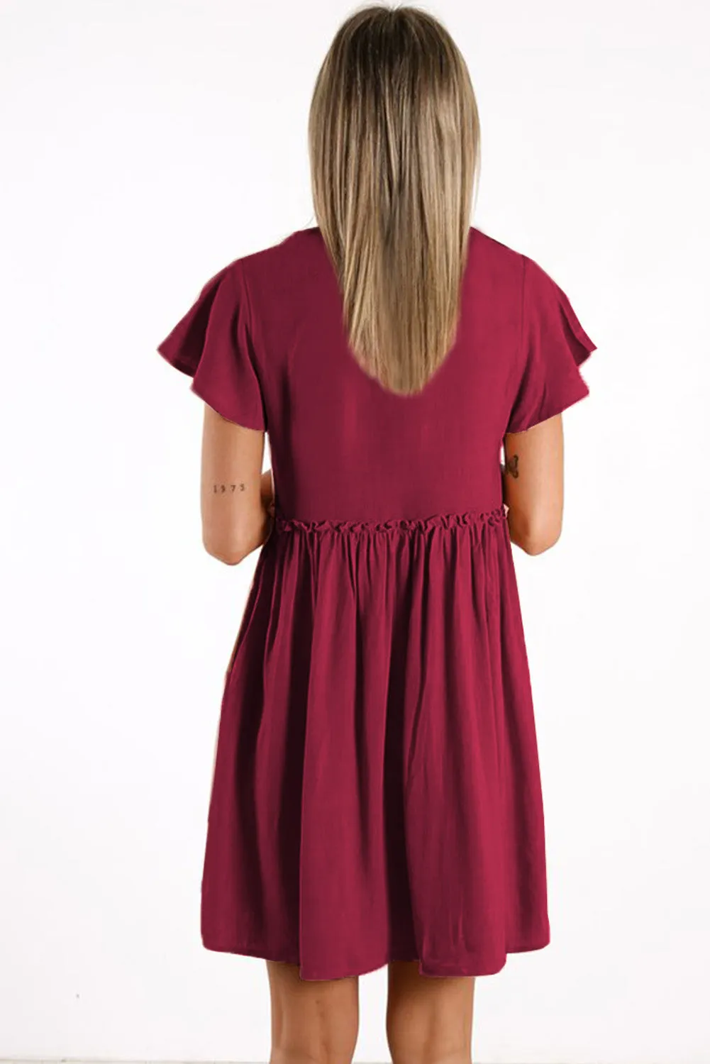 V Neck Buttoned Empire Waist Babydoll Mini Dress