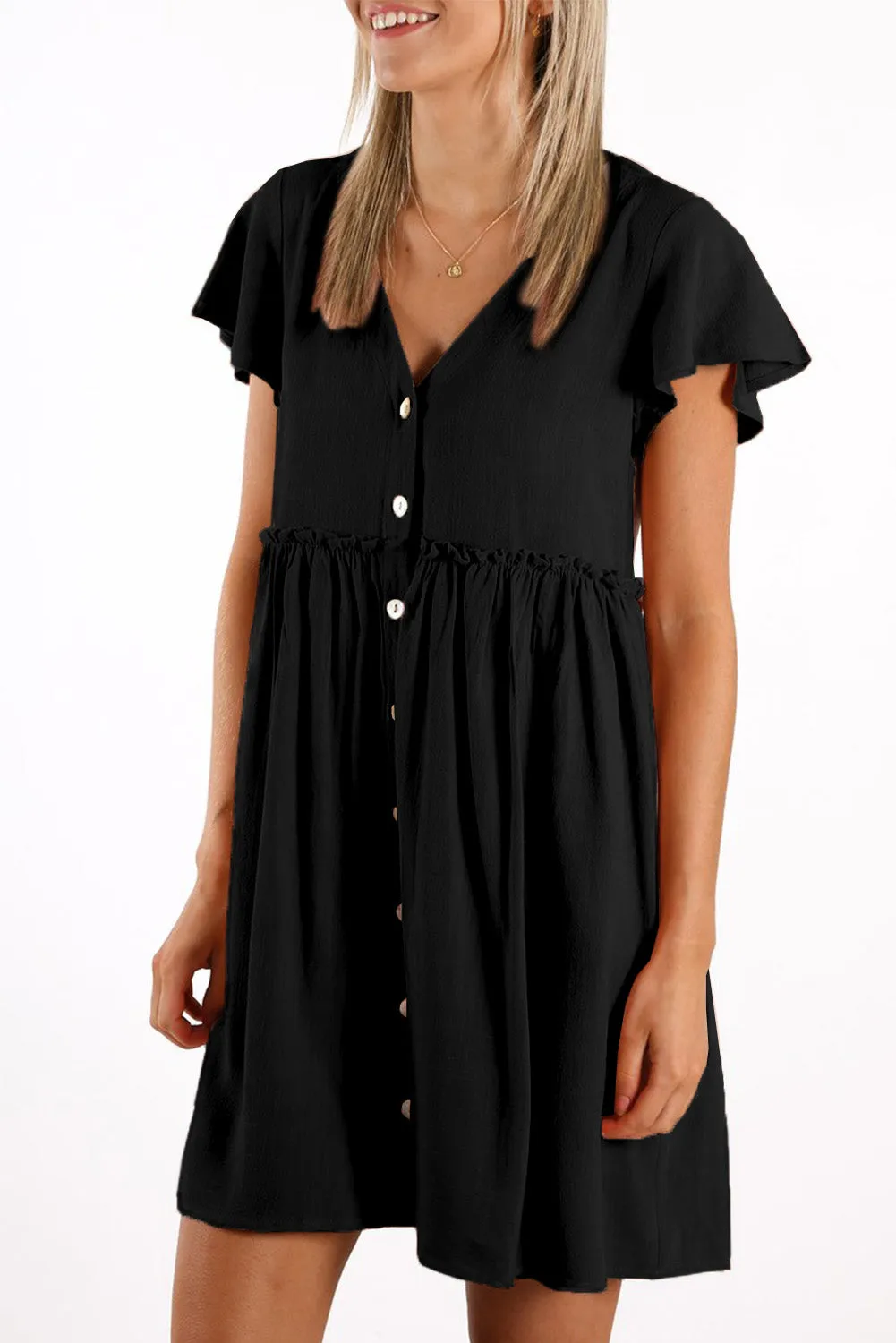 V Neck Buttoned Empire Waist Babydoll Mini Dress