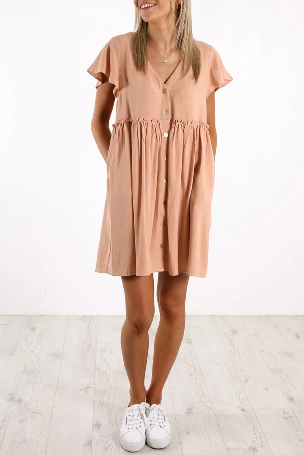 V Neck Buttoned Empire Waist Babydoll Mini Dress