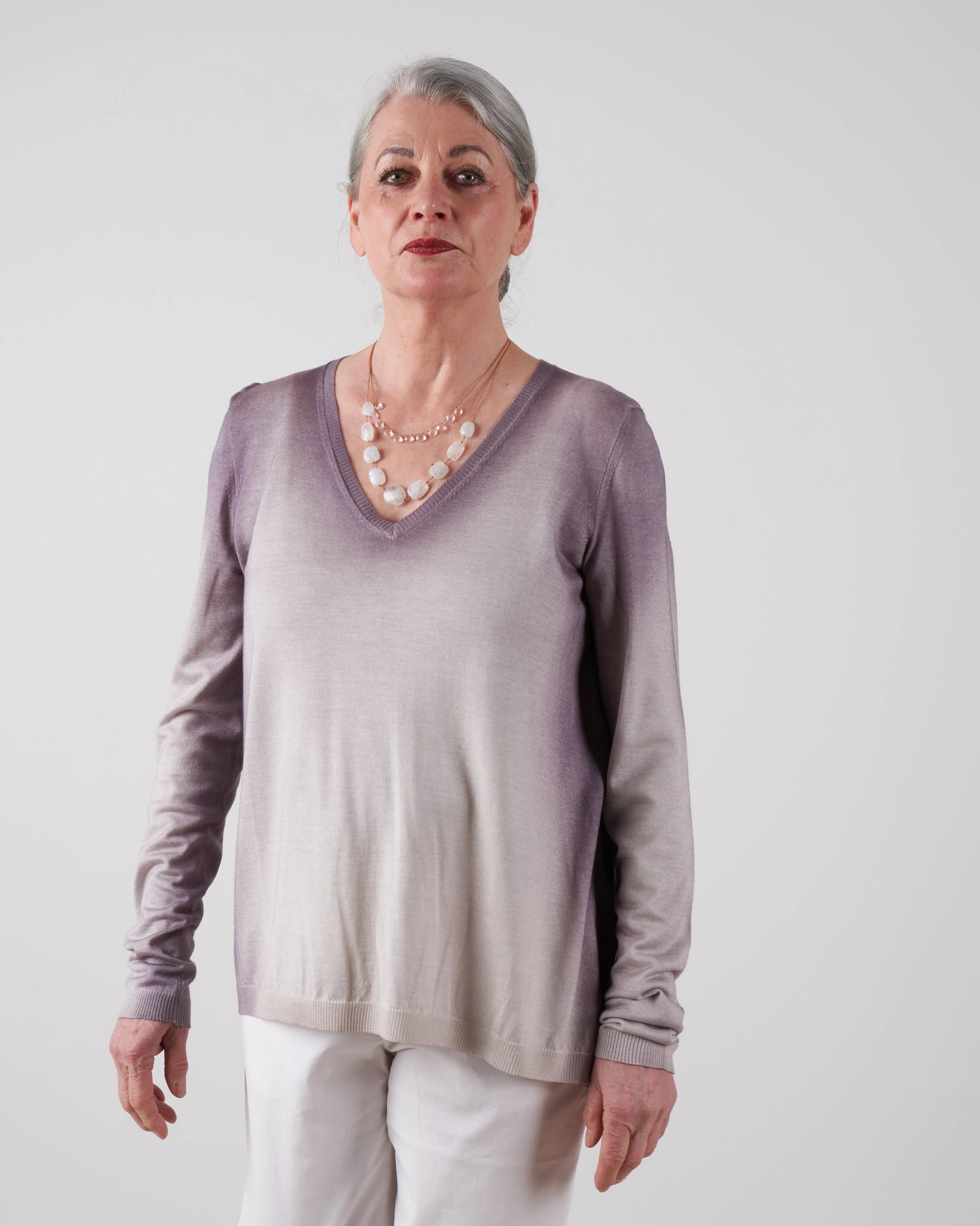 v neck pullover flower printed silk back - gallnut