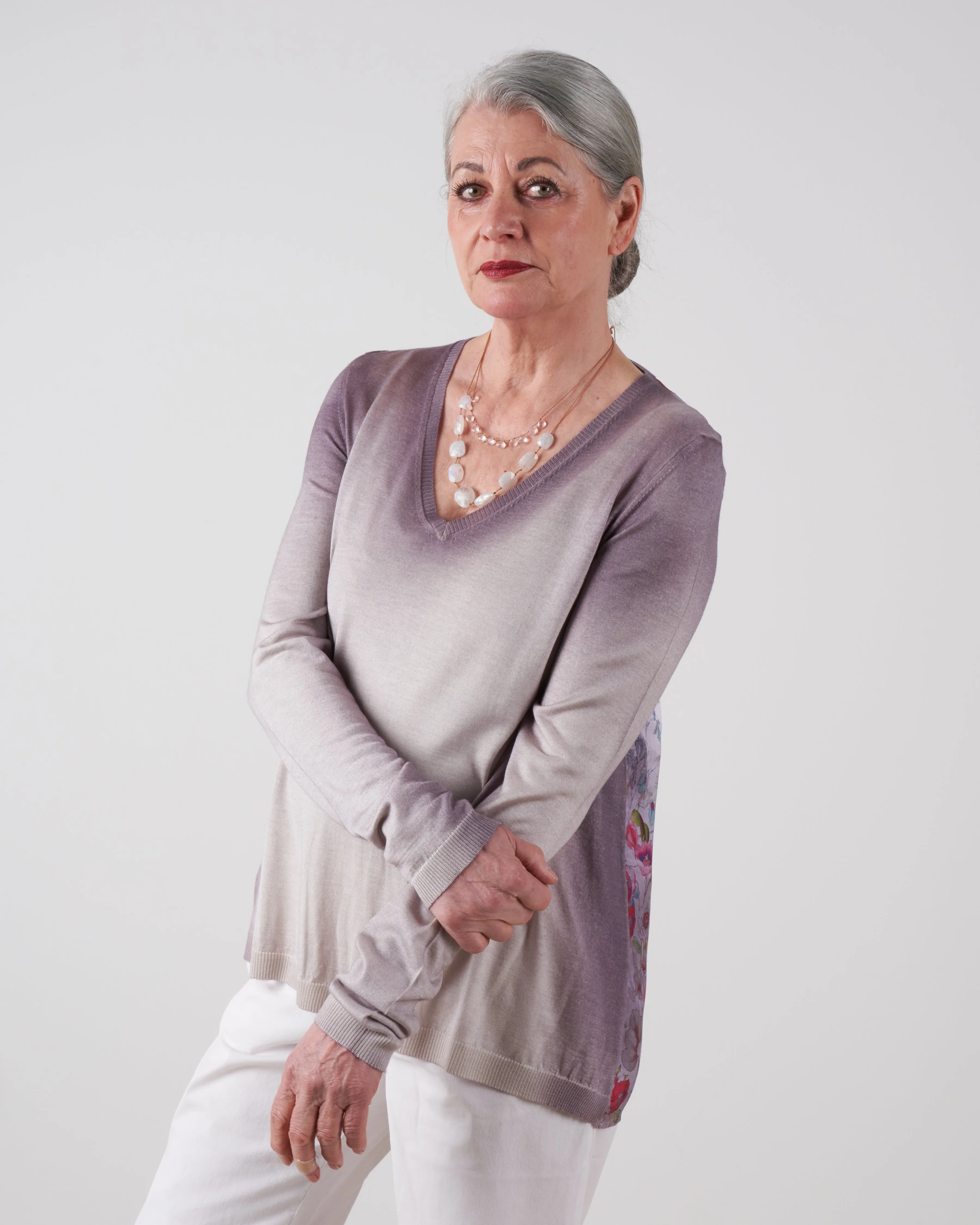 v neck pullover flower printed silk back - gallnut