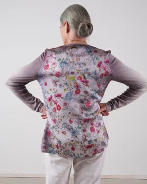v neck pullover flower printed silk back - gallnut