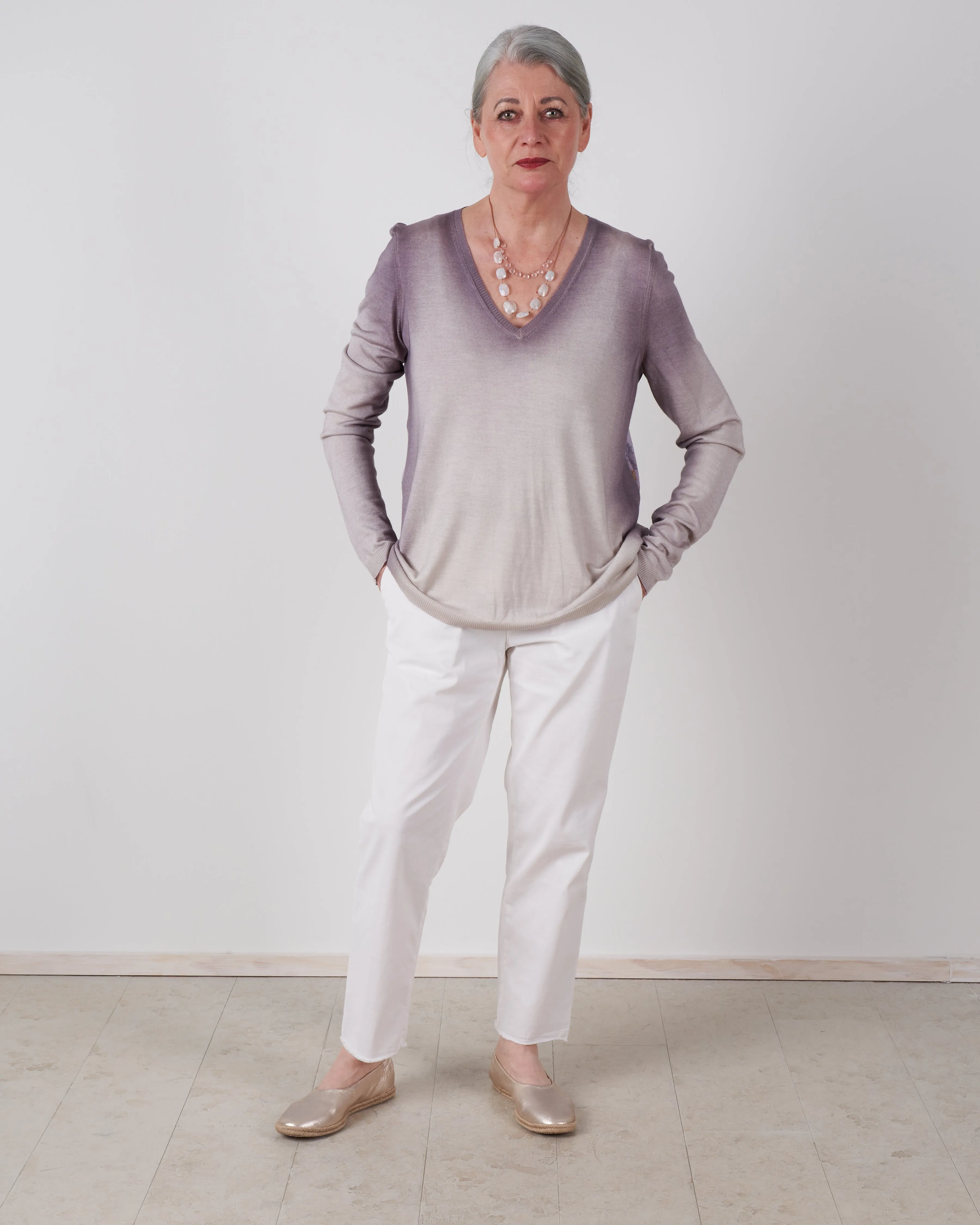v neck pullover flower printed silk back - gallnut