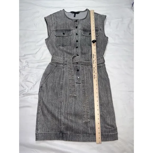 WHBM Denim Dress Size 10 Gray Acid Wash Snap Button Front Belt Cap Sleeves Mini