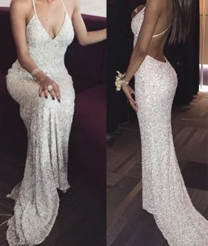 White backless sequin mermaid long prom dress, white evening dress