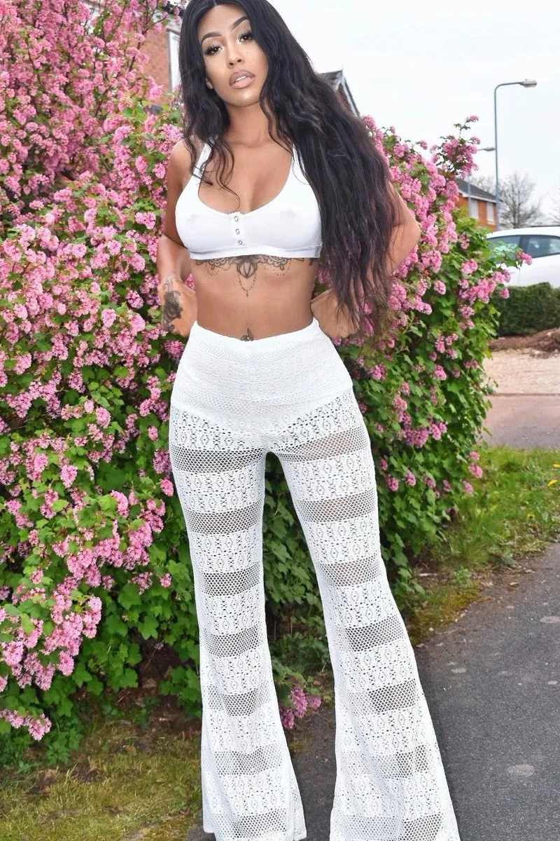 White Crochet Knicker Flared Trousers - Epsie