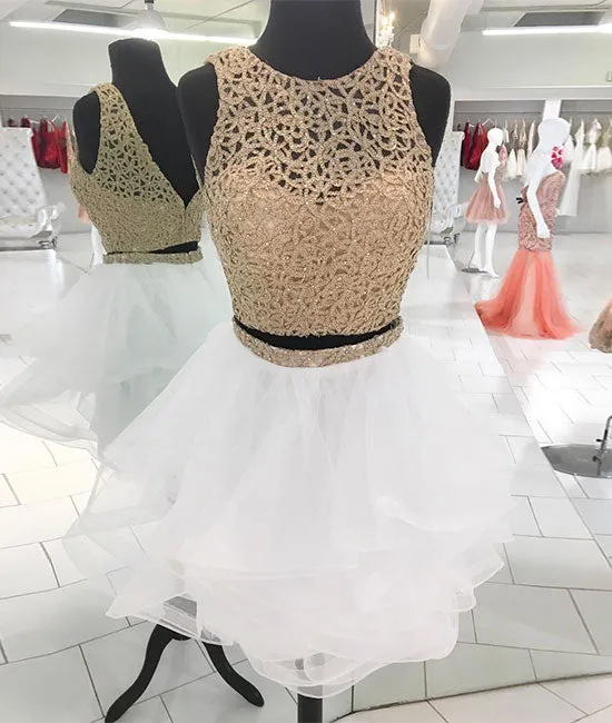 White cute sequin short prom dress, white homecoming dress