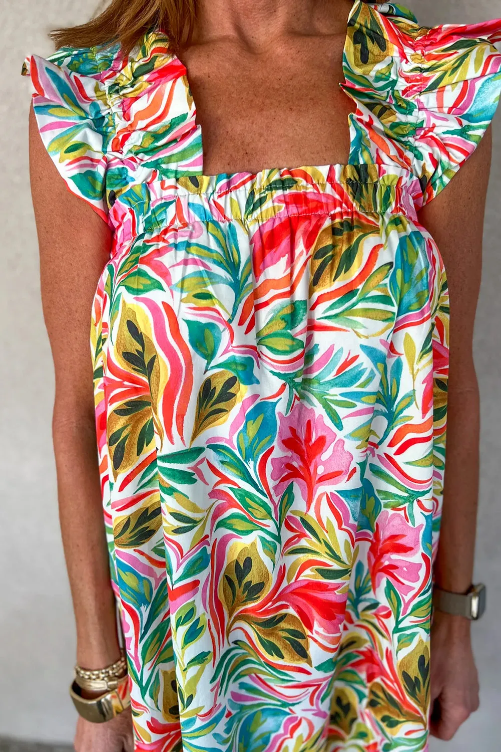 White Floral Print Ruffled Sleeveless Midi Dress