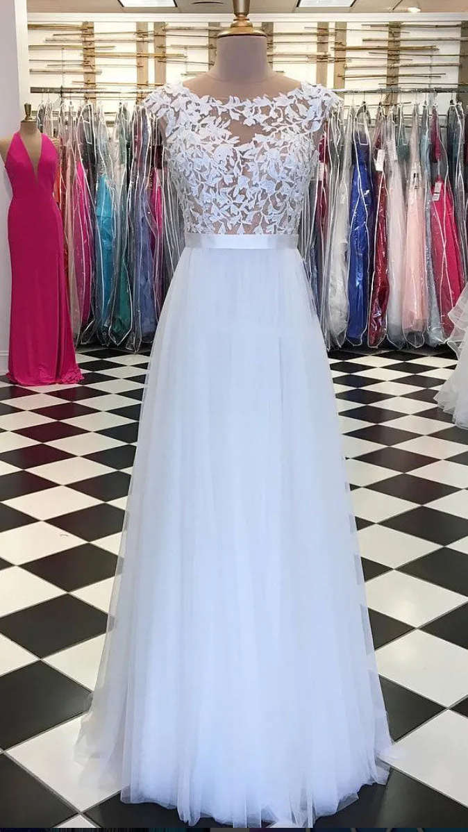 White lace applique tulle long prom dress, white evening dress