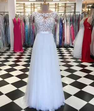 White lace applique tulle long prom dress, white evening dress