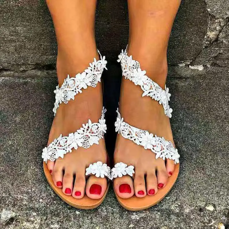 White Lace Sandals Flip Flops Flat Sandals Bohemia Beach Shoes Summer WSH3628
