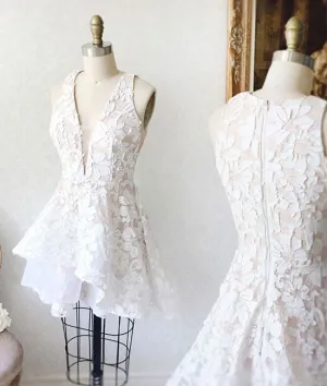 White lace short prom dress, lace homecoming dress