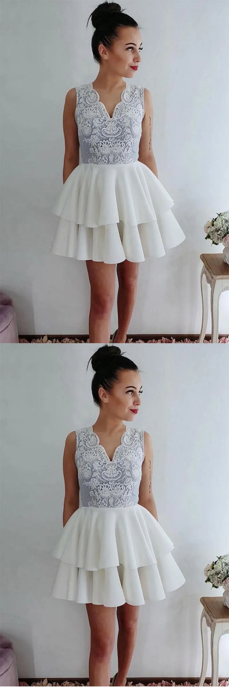 White lace short prom dress, white lace homecoming dress