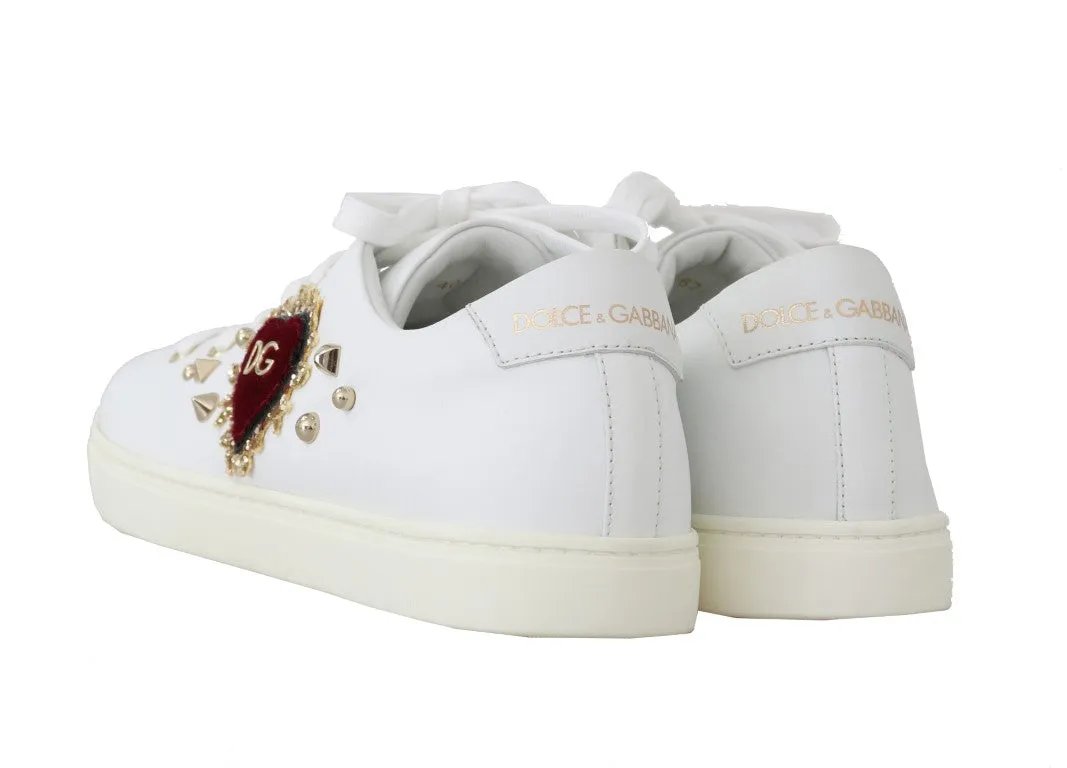 White Leather Gold Red Heart Sneakers
