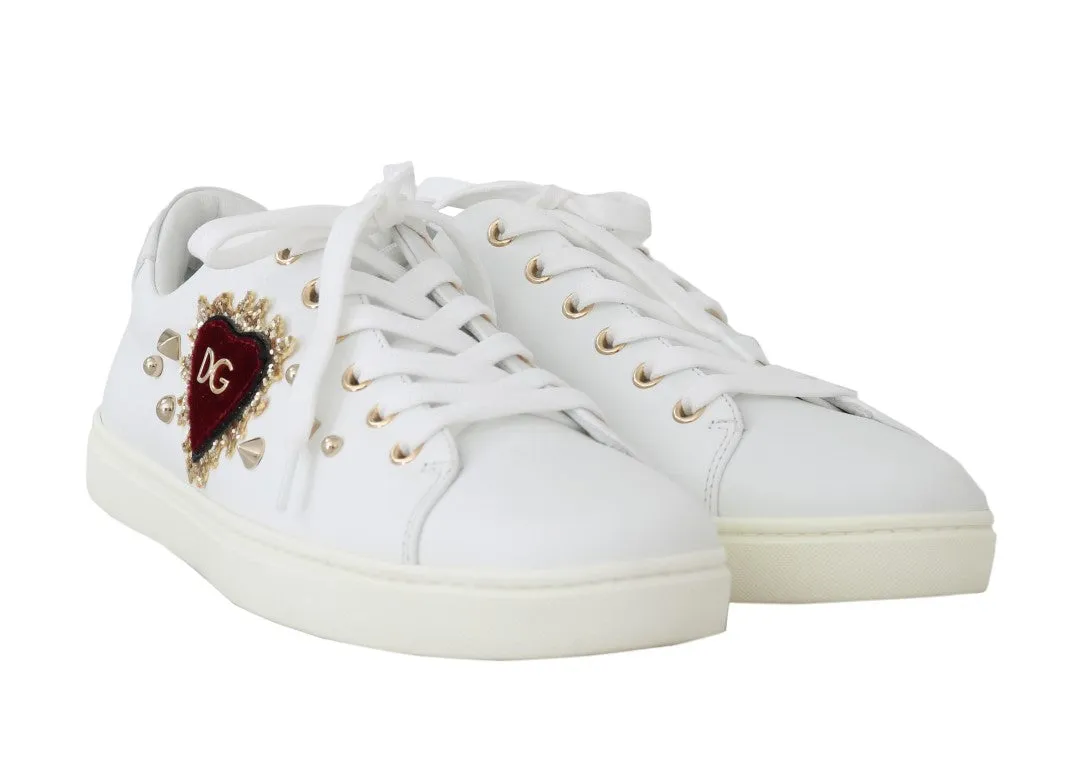 White Leather Gold Red Heart Sneakers
