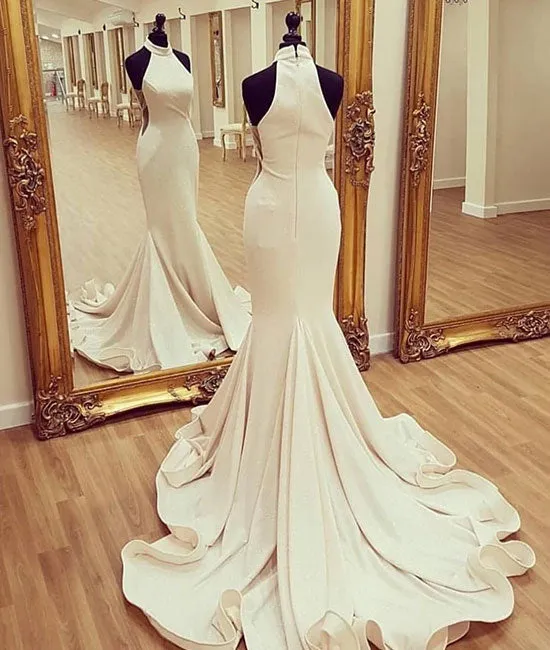 White mermaid satin long prom dress, white evening dress
