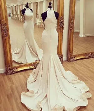 White mermaid satin long prom dress, white evening dress