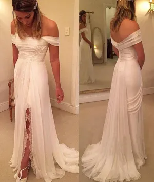 White off shoulder long prom dress, white evening dress