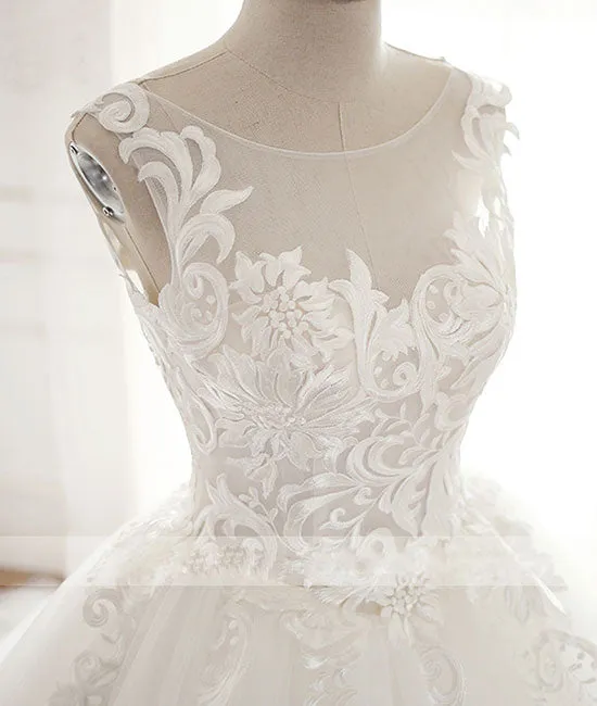 White round neck tulle lace applique long wedding dress, white evening dress