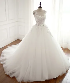 White round neck tulle lace applique long wedding dress, white evening dress