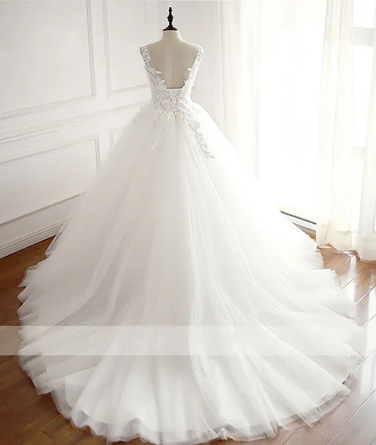 White round neck tulle lace applique long wedding dress, white evening dress