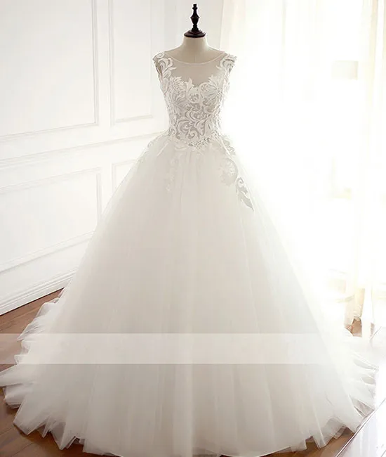 White round neck tulle lace applique long wedding dress, white evening dress