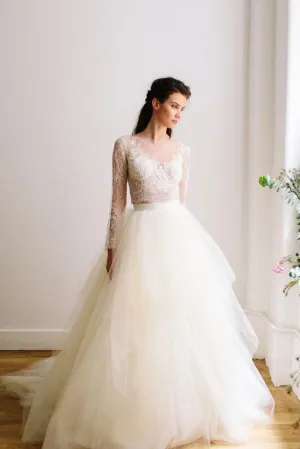 White round neck two pieces lace tulle long prom dress wedding dress