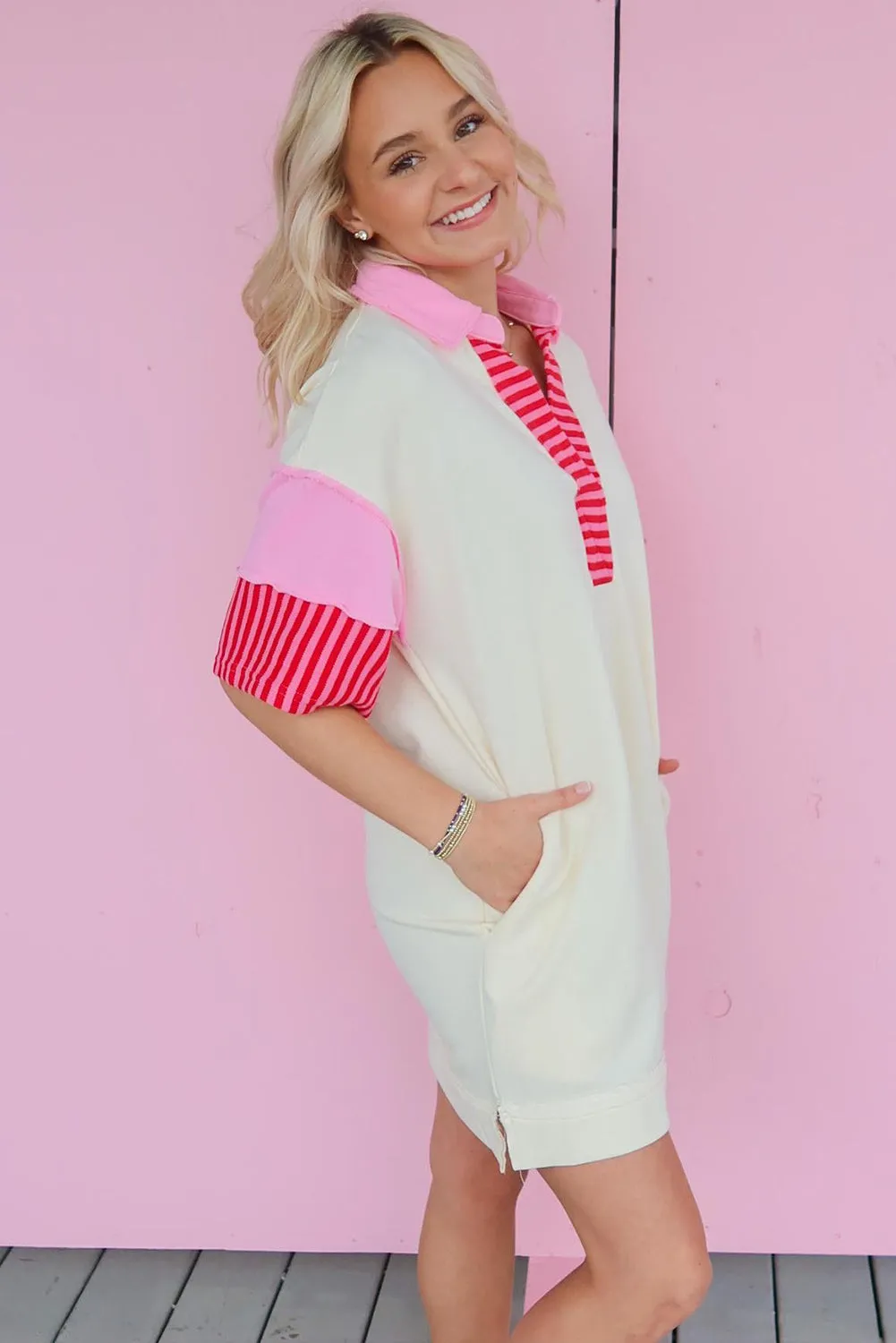 White Stripe Colorblock Patchwork Short Sleeve T Shirt Dress