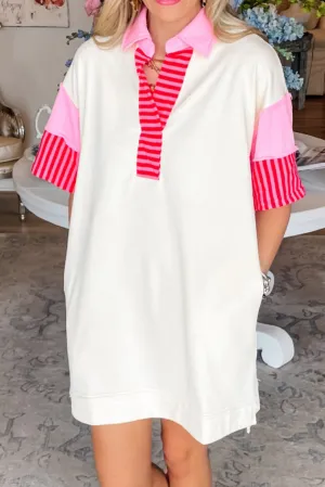 White Stripe Colorblock Patchwork Short Sleeve T Shirt Dress