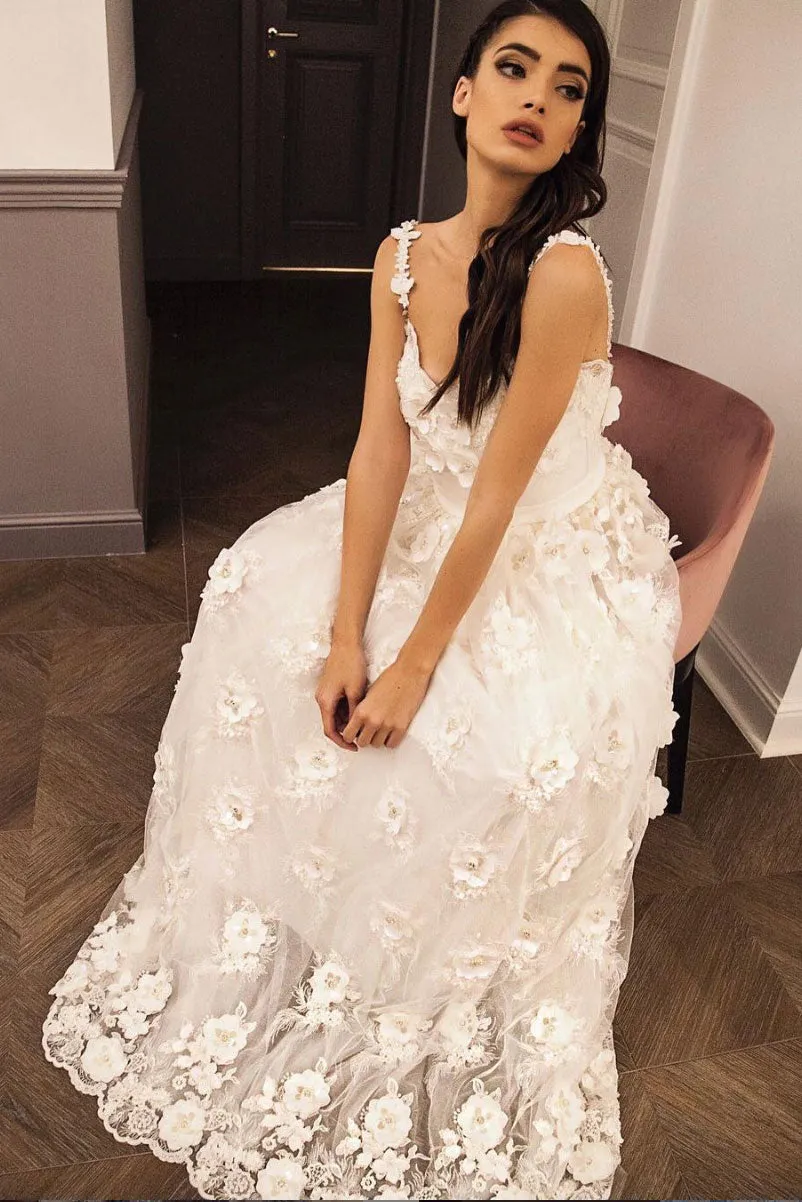 White sweetheart lace long prom dress, white tulle formal dress