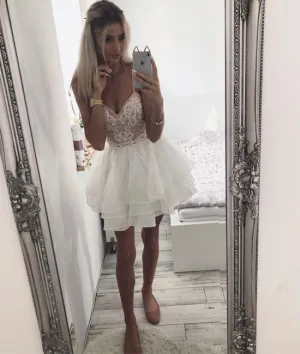 White sweetheart neck lace short prom dress, white homecoming dress