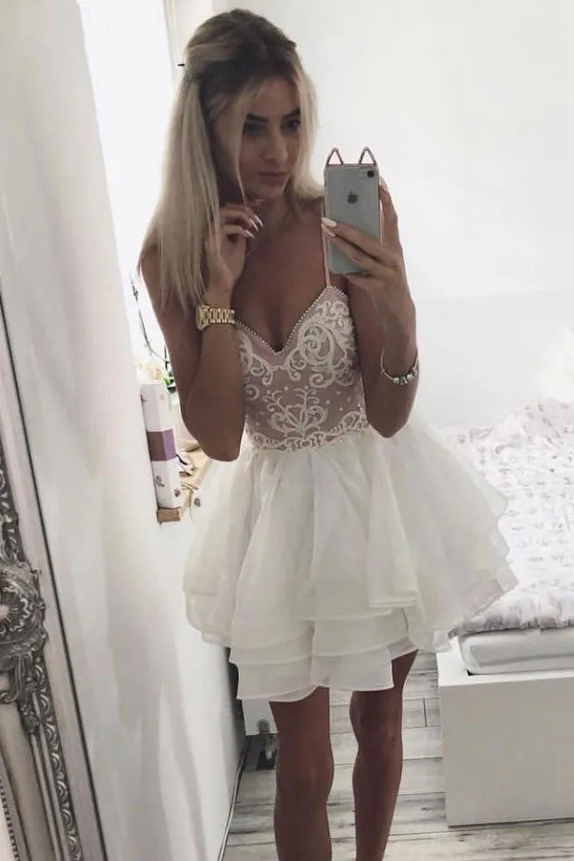 White sweetheart neck lace short prom dress, white homecoming dress