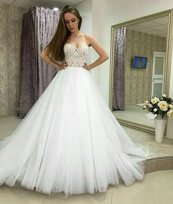White sweetheart neck lace tulle long prom gown, lace evening dress