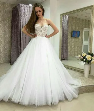 White sweetheart neck lace tulle long prom gown, lace evening dress